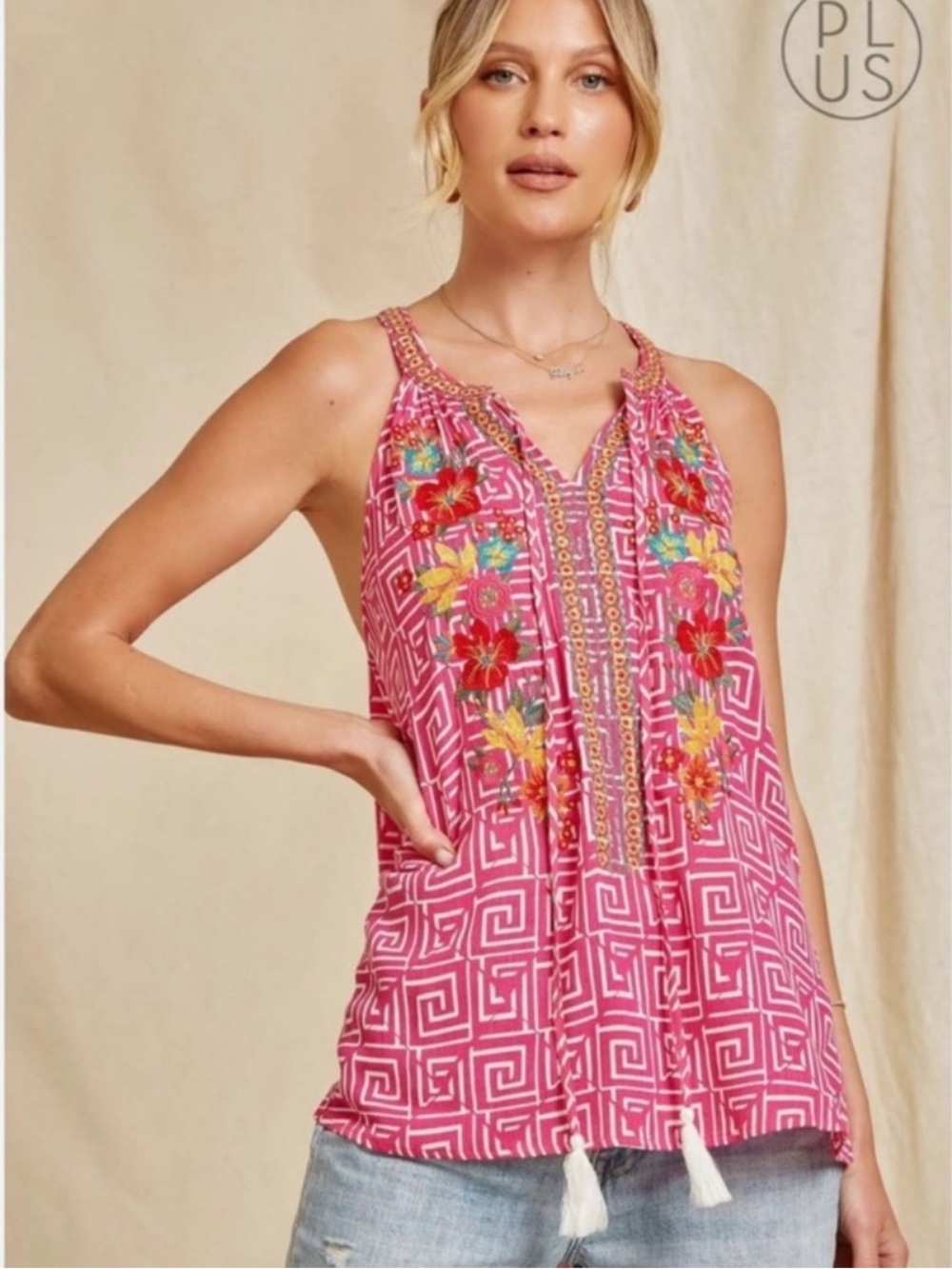 Savanna Jane Hot Pink Embroidered Floral Batik Sleeveless Top Tassel Sz Medium